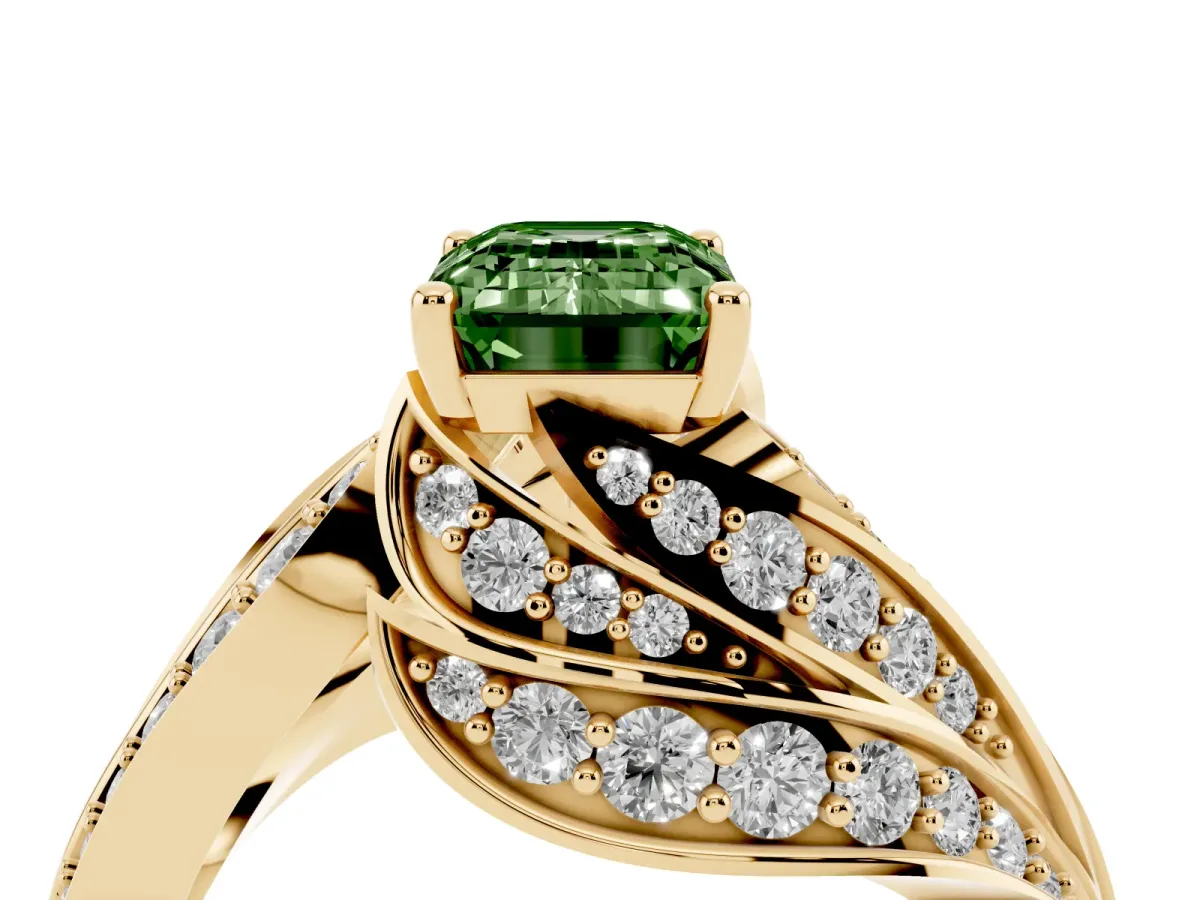 Fancy Green Emerald Cut Diamond Solitaire Ring with Prong Setting and Twisted Pavé Band Yellow gold