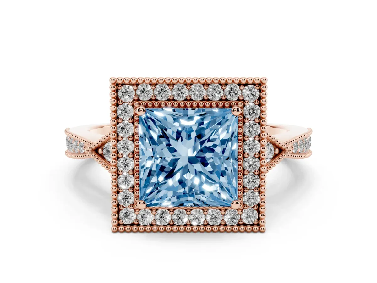 Fancy Blue Princess Cut Halo Round Diamond Milgrain Pave Engagement Ring Rose gold