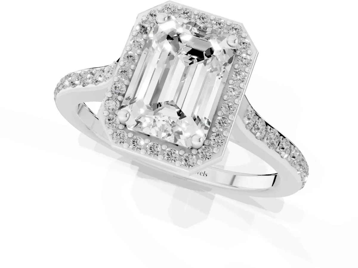 Emerald Cut Diamond Halo Engagement Ring with Round Pavé Shoulders and Prong Setting White gold