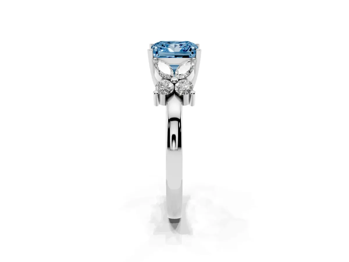 Fancy Blue Princess Cut Diamond Floral Cluster Ring with Solitaire Band and Prong Setting White gold