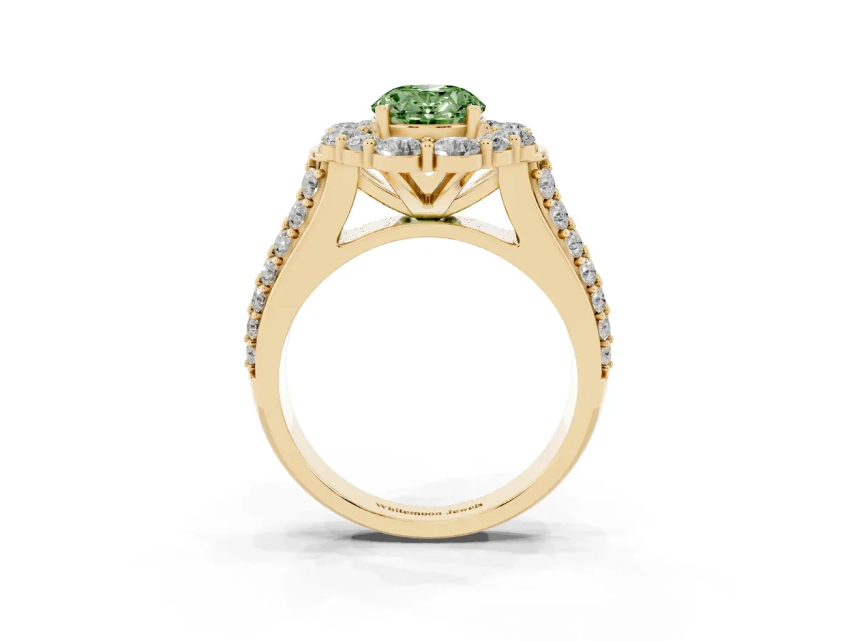 Fancy Green Oval Cut Halo Diamond Engagement Ring with Split Shank and Prong Setting Yellow gold