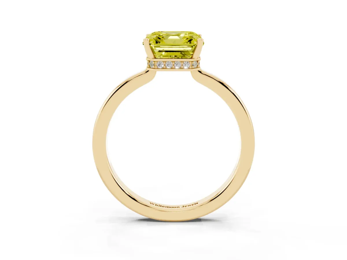 Fancy Yellow Asscher Cut Cut Solitaire Engagement Ring with Four-Prong Setting on a Classic Band Yellow gold