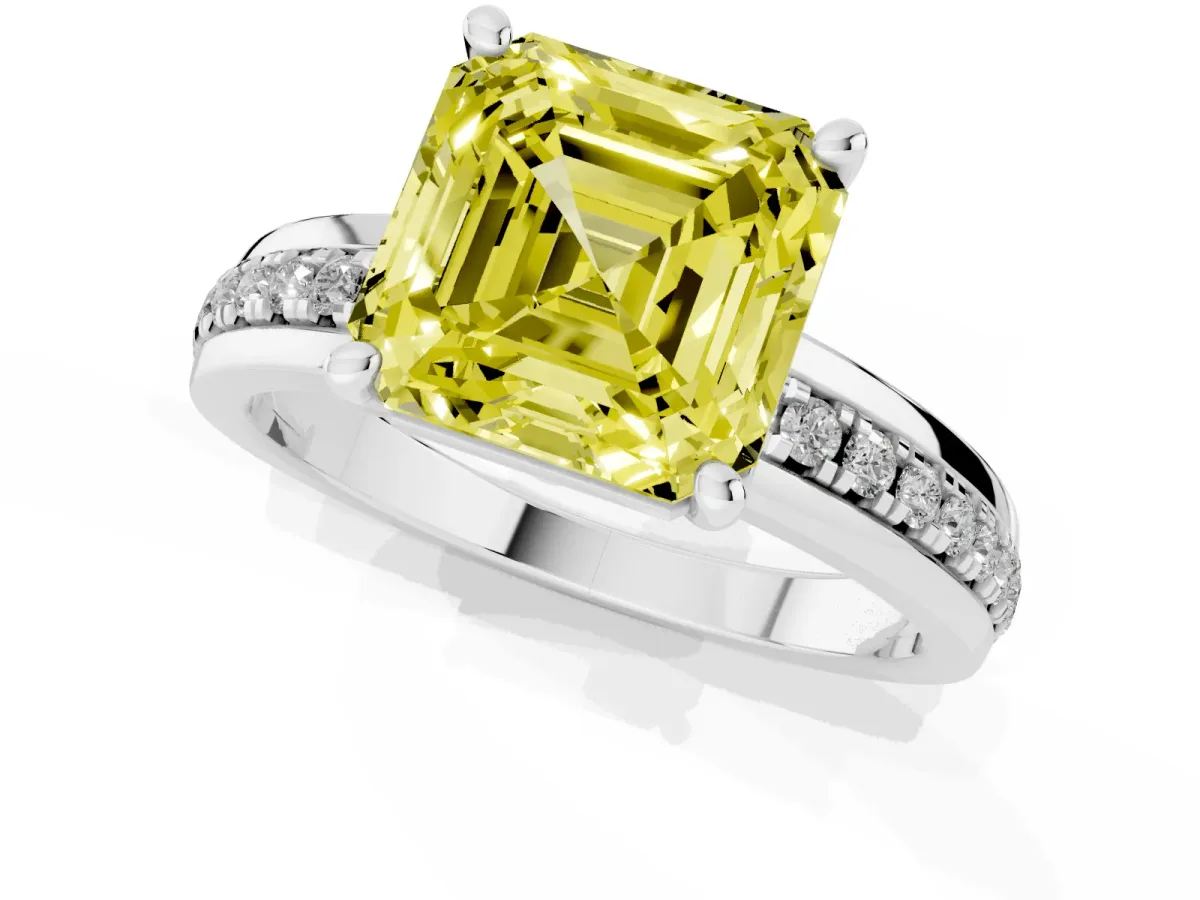Fancy Yellow Asscher Cut Solitaire Diamond Ring with Channel Set Band and Six-Prong Setting White gold