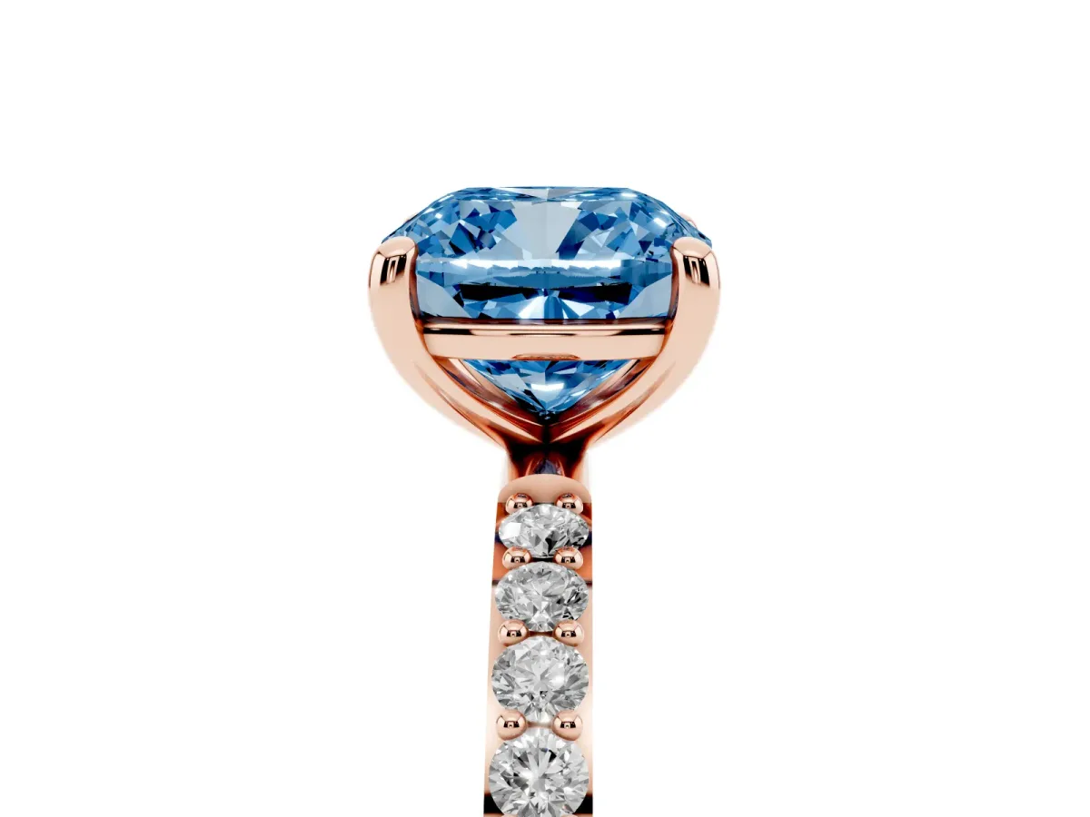 Fancy Blue Cushion Cut Diamond Solitaire Ring with Round Pavé Band and Prong Setting Rose gold