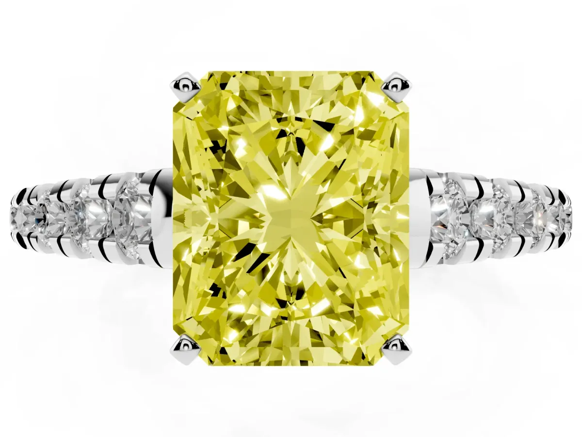 Fancy Yellow Radiant Cut Diamond Cathedral Solitaire Ring with Round Pavé Band Silver