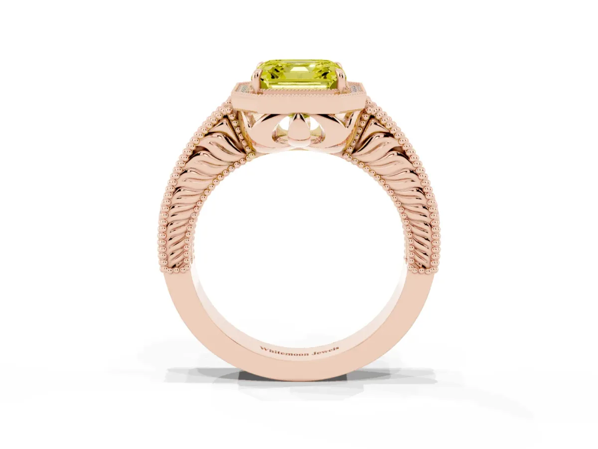 Fancy Yellow Asscher Cut Cut Halo Diamond Ring with Pavé Band and Four-Prong Setting Rose gold
