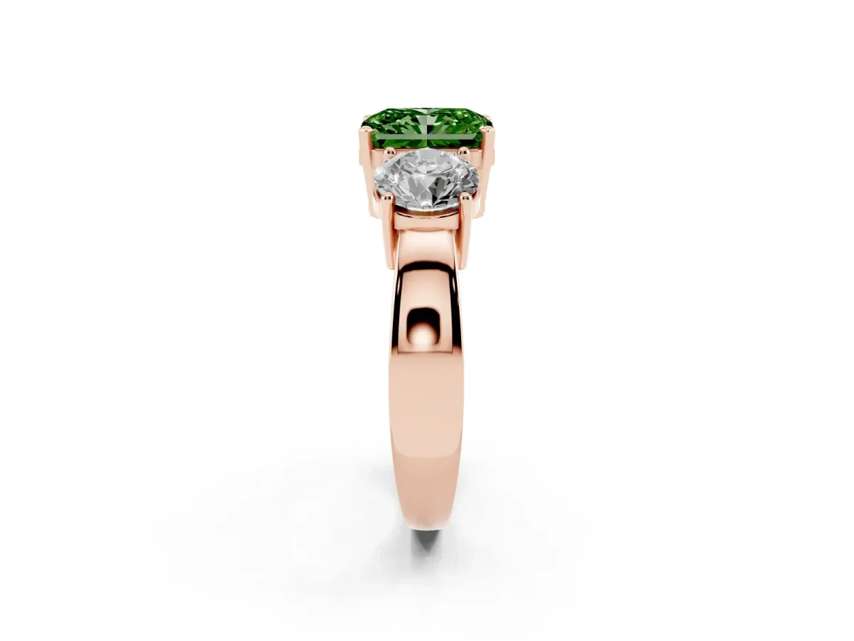 Fancy Green Three-Stone Radiant Cut Diamond Ring with Round Side Stones, Classic Band, and Four-Prong Setting Rose gold