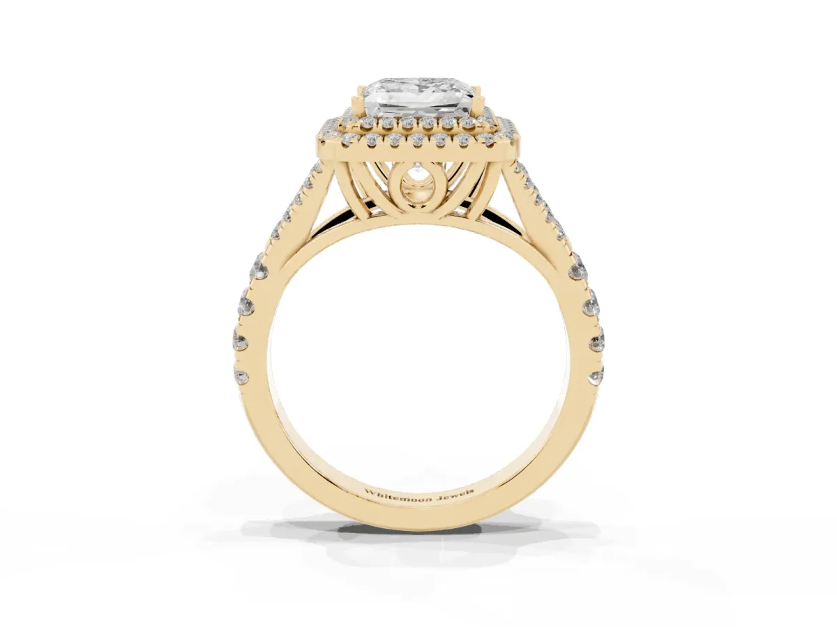 Princess Cut Cut Double Halo Split Shank Diamond Ring with Prong Setting Yellow gold