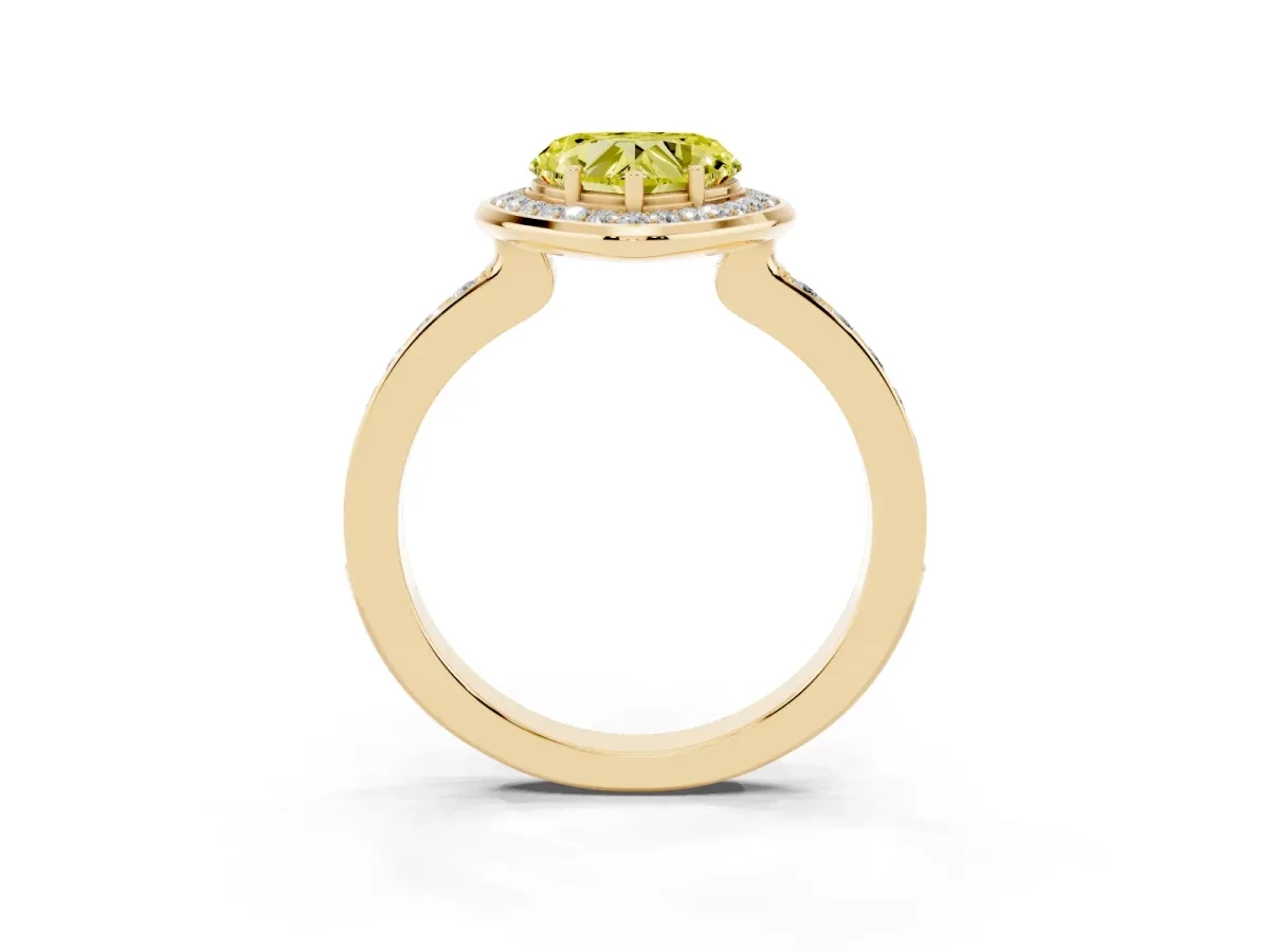 Fancy Yellow Heart Cut Diamond Halo Ring with Bezel Frame and Pavé Band Yellow gold