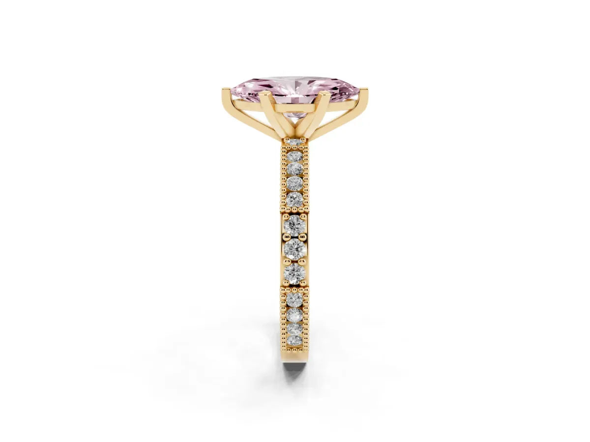 Fancy Pink Marquise Cut Solitaire with Pavé Band and Four-Prong Setting Yellow gold