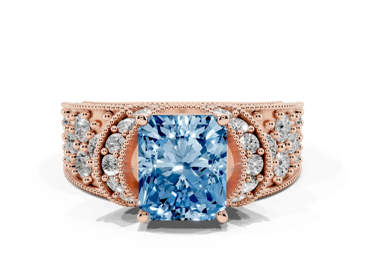 Fancy Blue Radiant Cut Halo Pave Diamond Engagement Ring with Milgrain Detailing Rose gold
