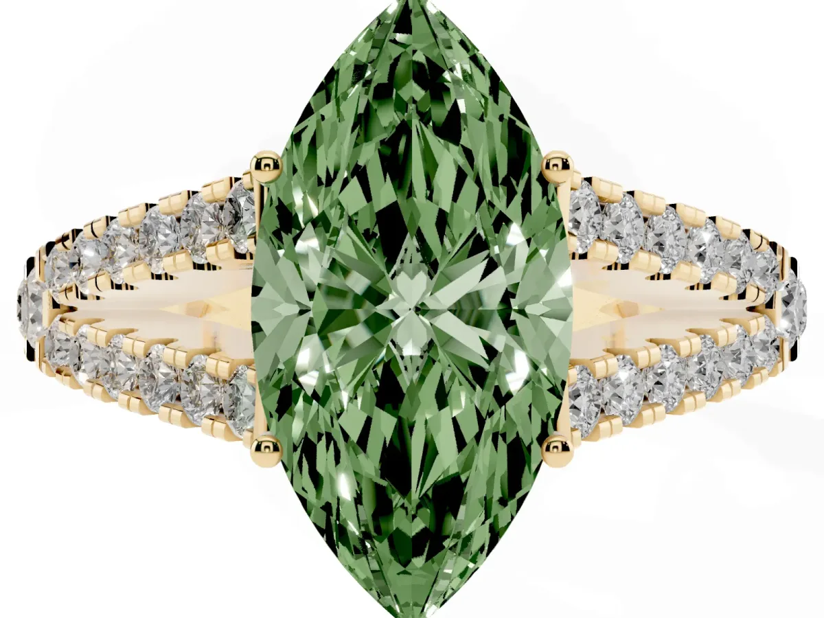 Fancy Green Marquise Cut Diamond Split Shank Pavé Engagement Ring with Four-Prong Setting Yellow gold