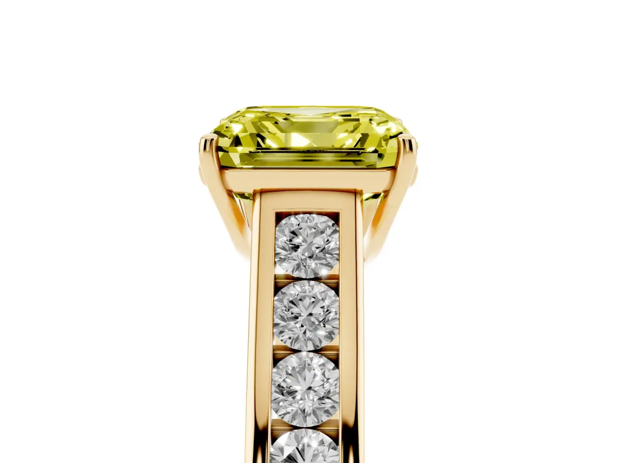 Fancy Yellow Asscher Cut Brilliant Channel-Set Solitaire Ring with Four-Prong Setting Yellow gold
