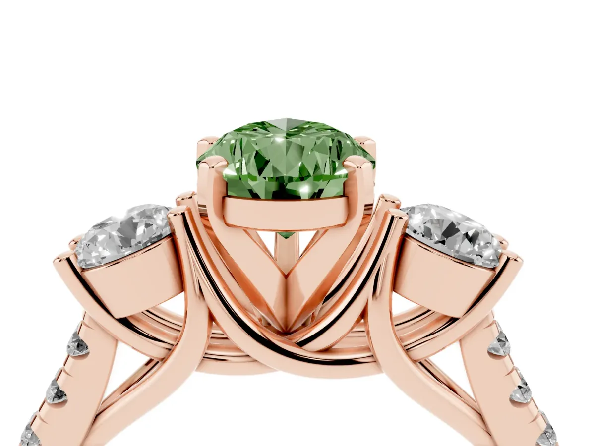 Fancy Green Three-Stone Pear Cut Diamond Pavé Band with Four-Prong Setting Rose gold