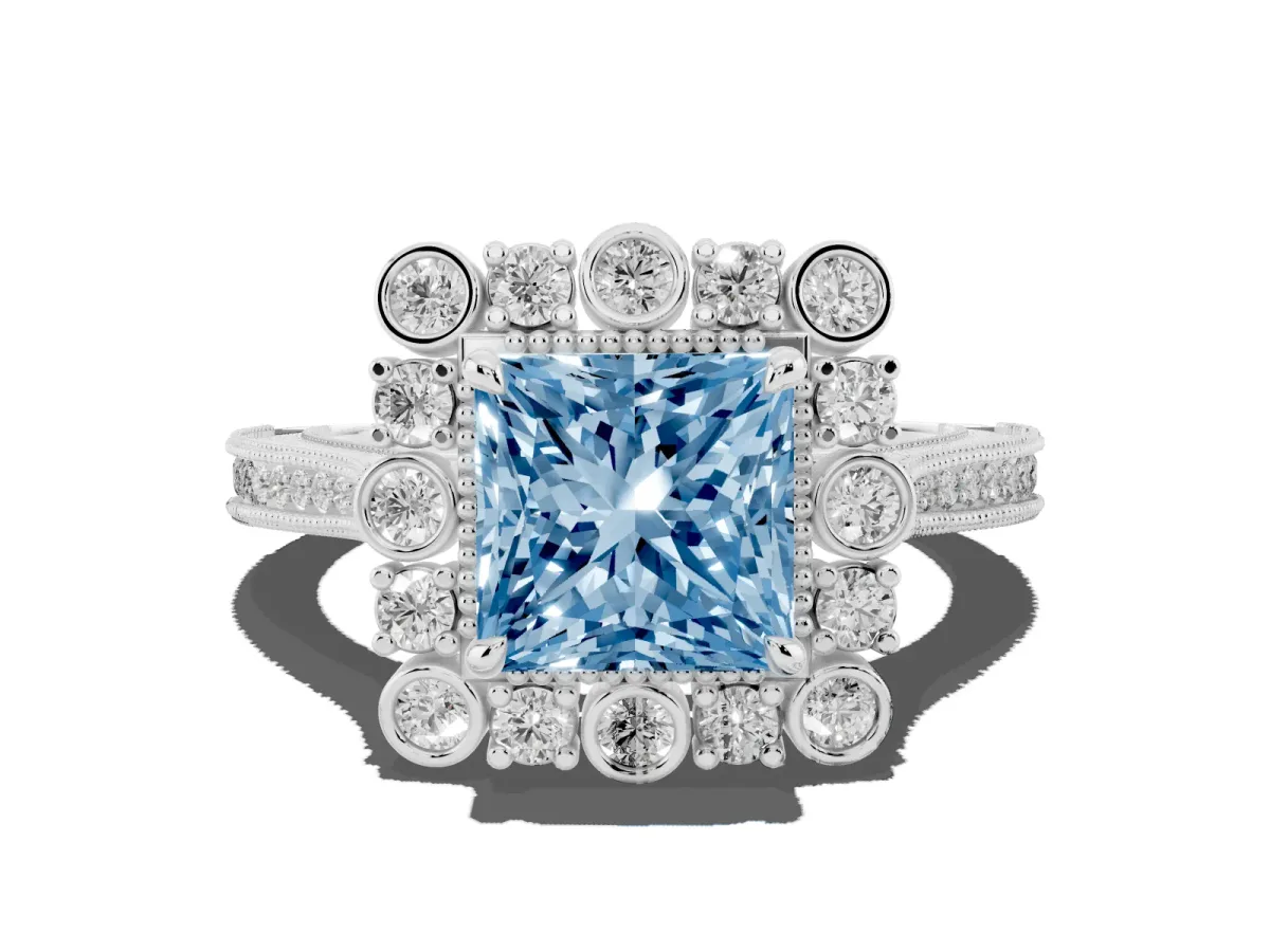 Fancy Blue Princess Cut Halo Milgrain Pave Diamond Ring with Four-Prong Setting Silver
