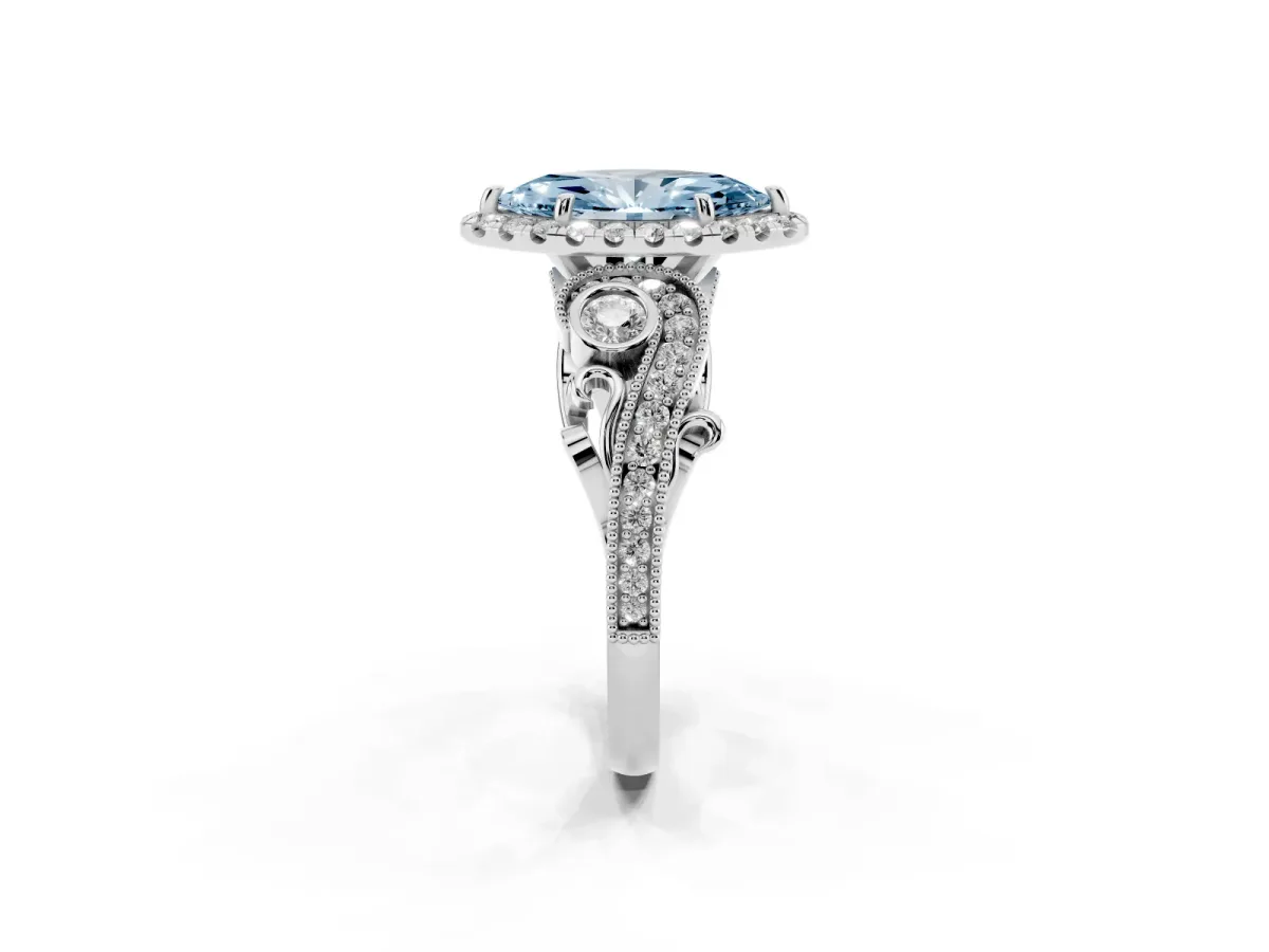 Fancy Blue Marquise Cut Diamond Halo Ring with Milgrain Pavé Band and Four-Prong Setting Silver