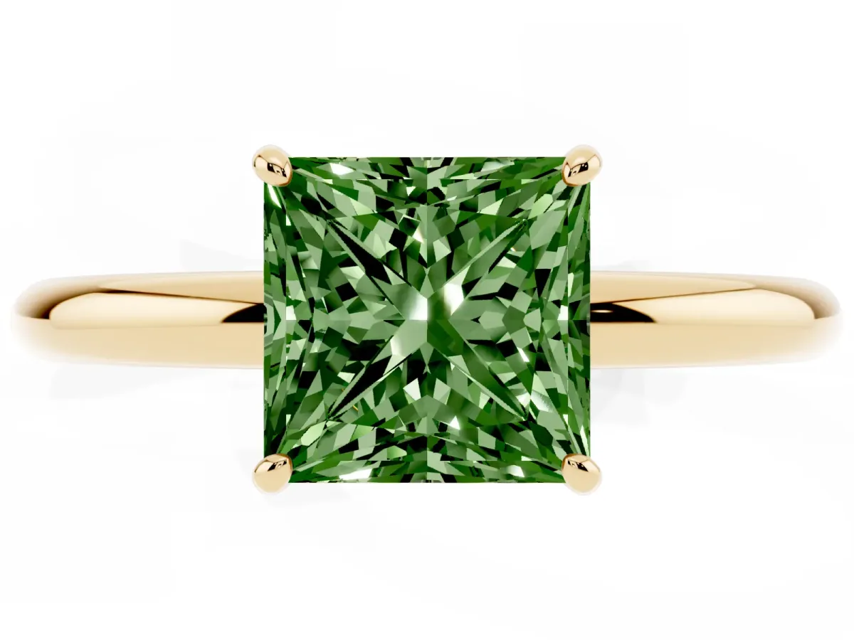 Fancy Green Princess Cut Solitaire Diamond Ring with Four-Prong Setting on a Plain Band Yellow gold