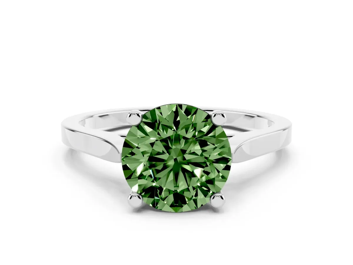 Fancy Green Round Cut Solitaire Diamond Ring with Four-Prong Setting and Tapered Band White gold