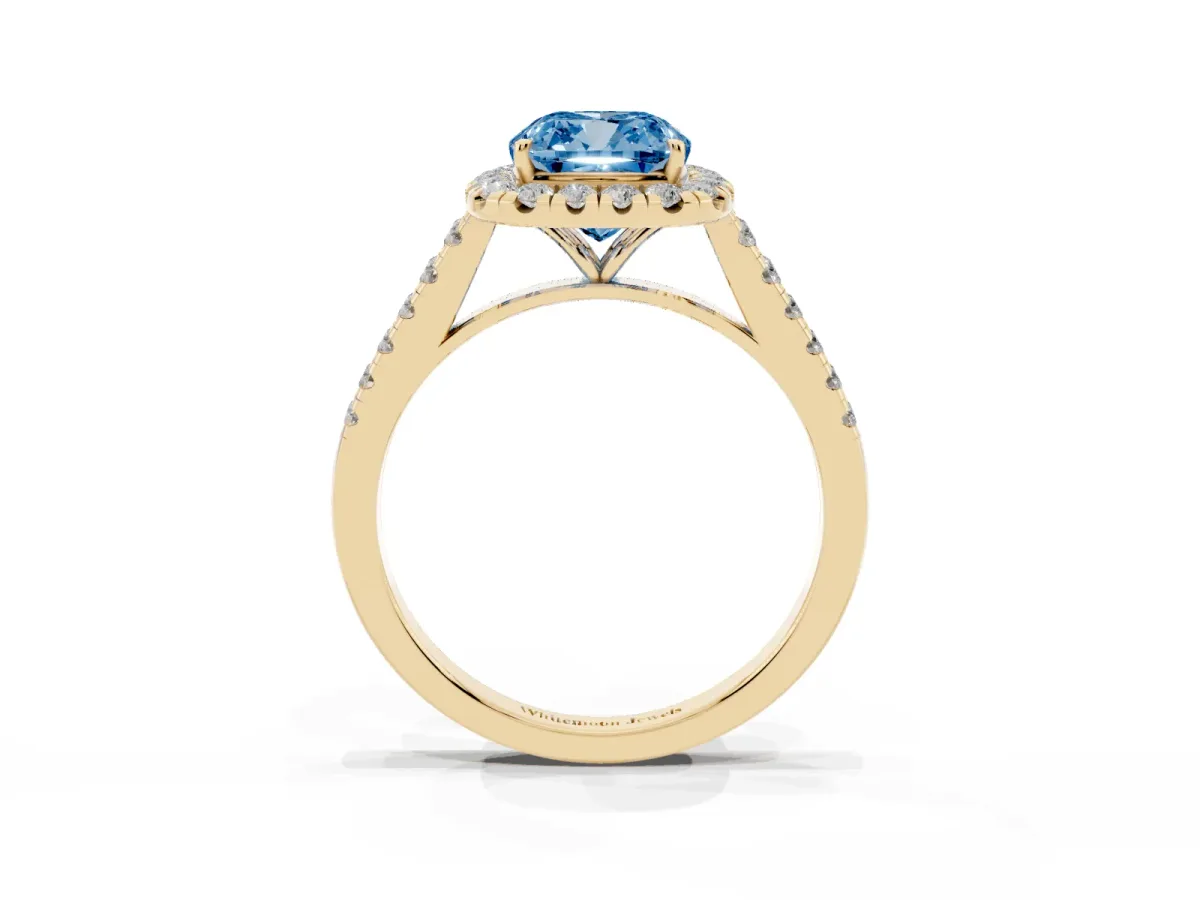 Fancy Blue Cushion Cut Halo Pave Diamond Engagement Ring with Four-Prong Setting Yellow gold