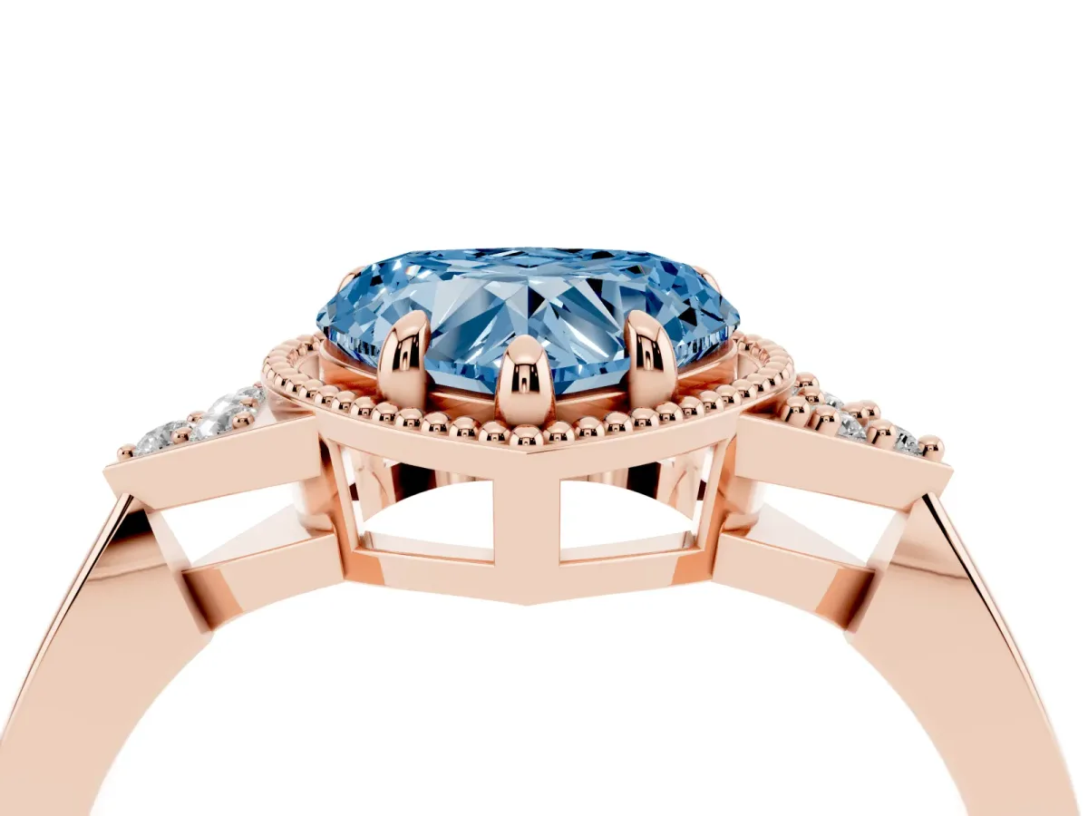 Fancy Blue Hexagonal Halo Heart Cut Diamond Solitaire with Pavé Band and Four-Prong Setting Rose gold
