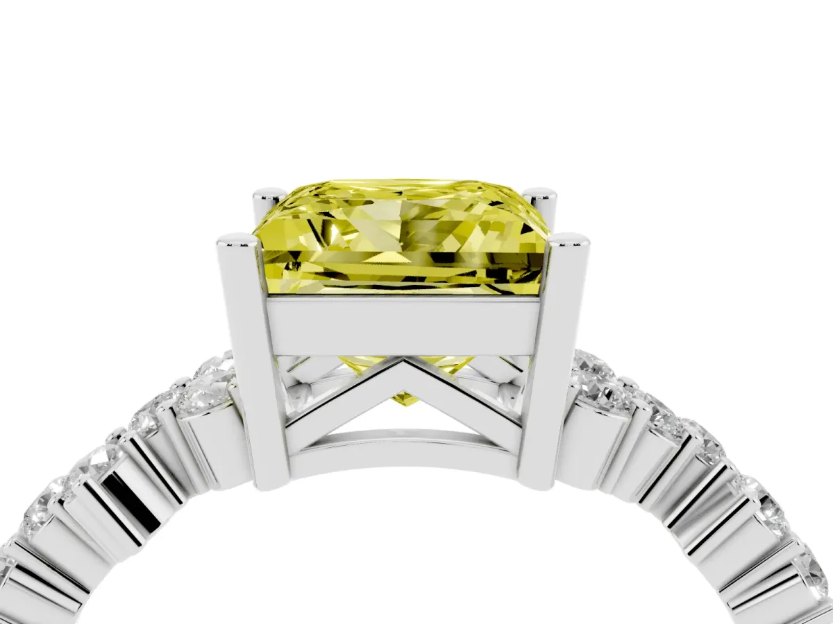 Fancy Yellow Princess Cut Diamond Scattered Round Accent Ring with Prong Setting Silver