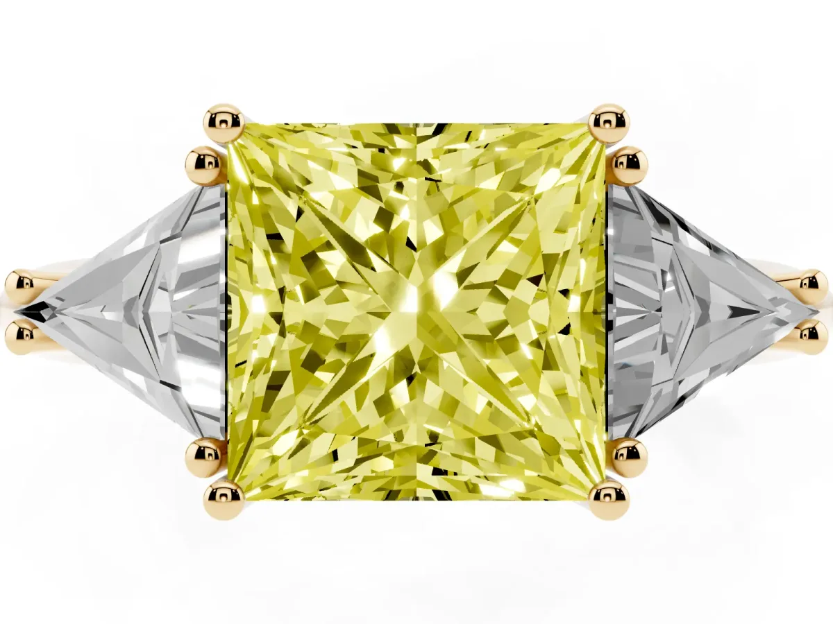 Fancy Yellow Three-Stone Princess Cut Diamond Engagement Ring with Trillion Side Stones and Prong Setting Yellow gold