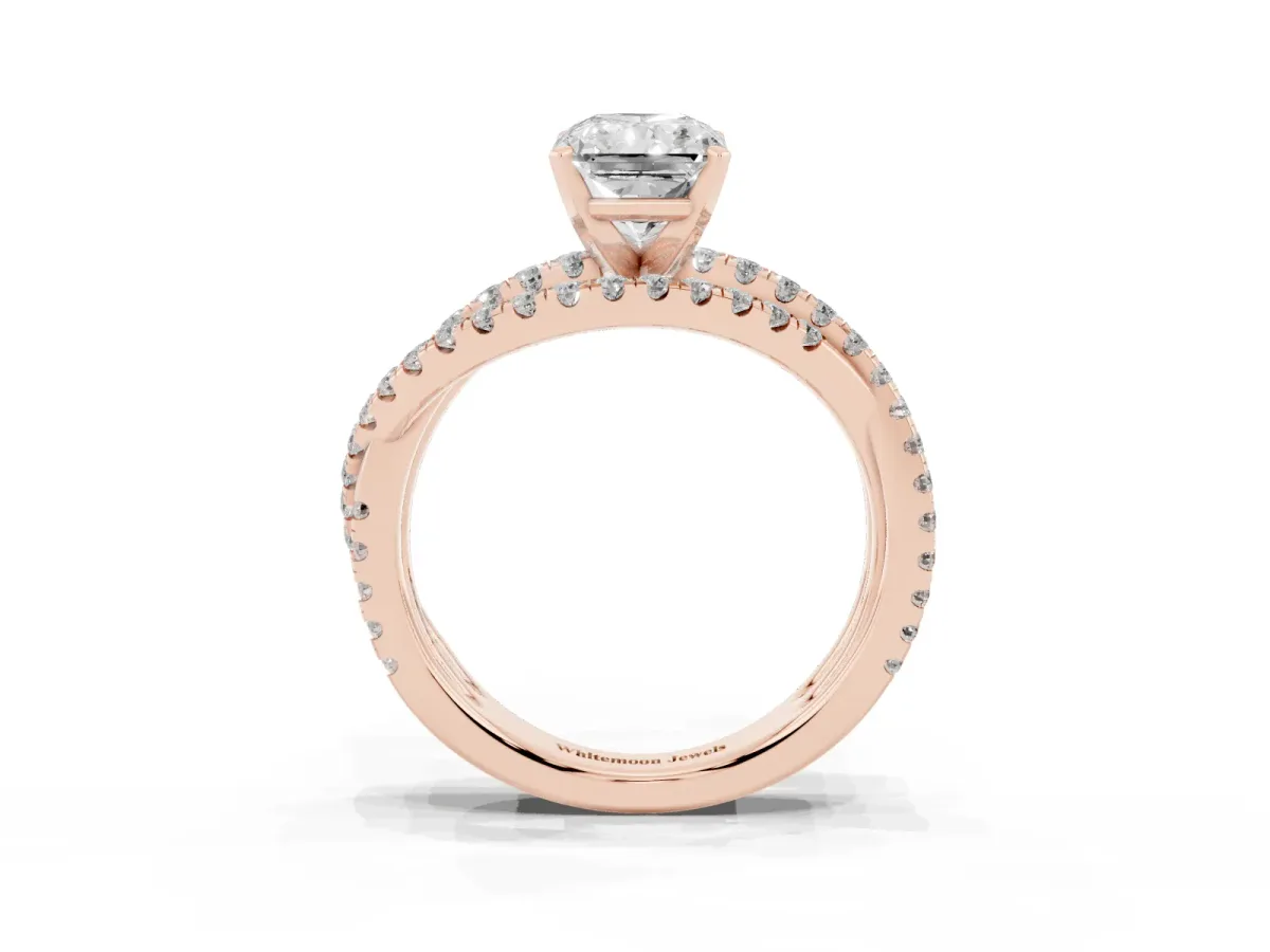 Radiant Cut Solitaire Twist Band with Pavé Setting and Four-Prong Setting Rose gold