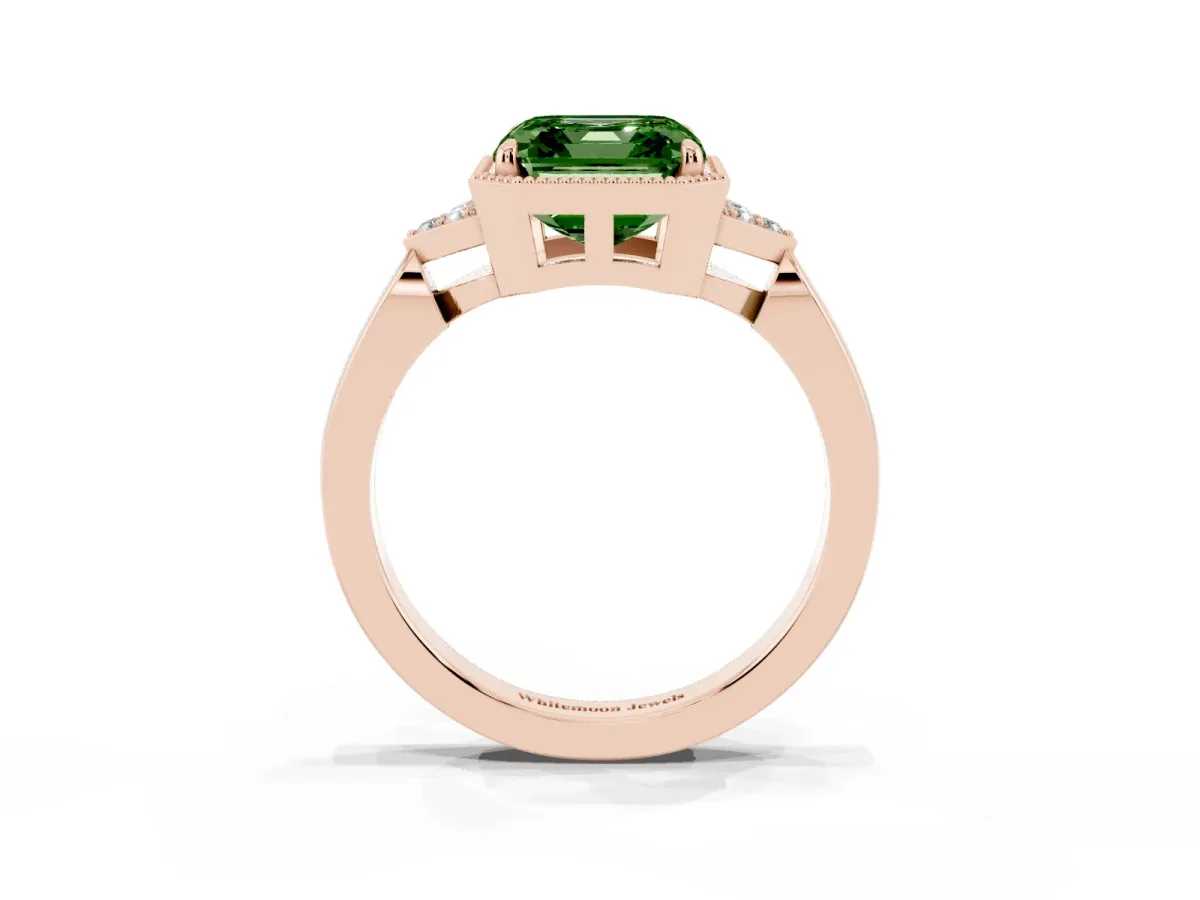 Fancy Green Hexagonal Halo Asscher Cut Diamond Solitaire with Pavé Band and Four-Prong Setting Rose gold