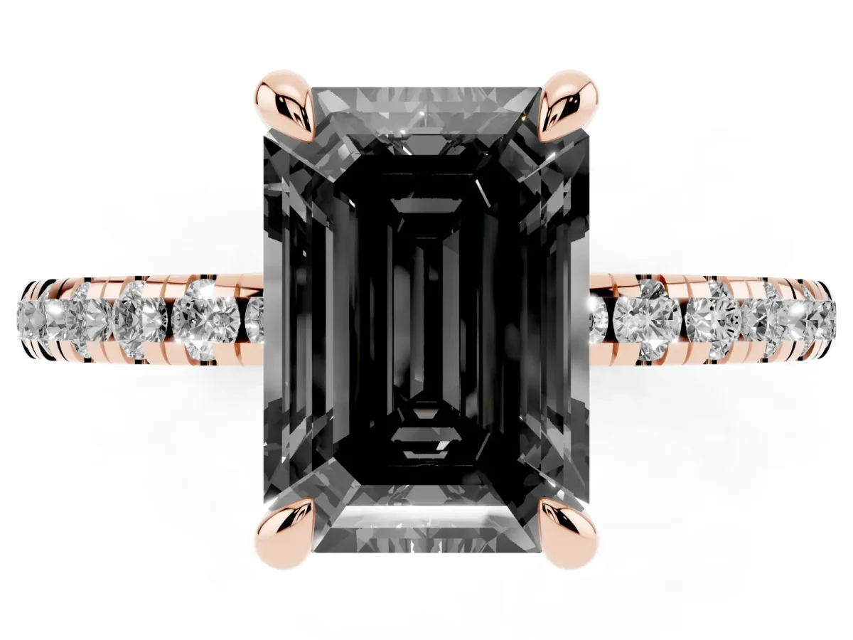 Fancy Black Emerald Cut Diamond Brilliant Solitaire Ring with Pavé Band and Four-Prong Setting Rose gold