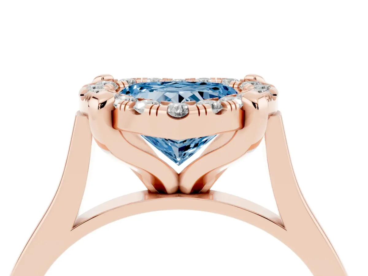 Fancy Blue Heart Cut Diamond Cluster Halo Solitaire with Four-Prong Setting Rose gold