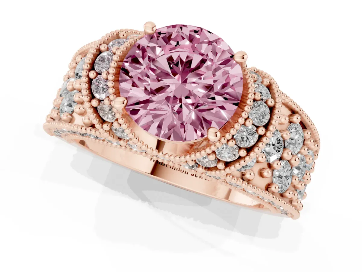 Fancy Pink Round Cut Halo Pave Diamond Engagement Ring with Milgrain Detailing Rose gold