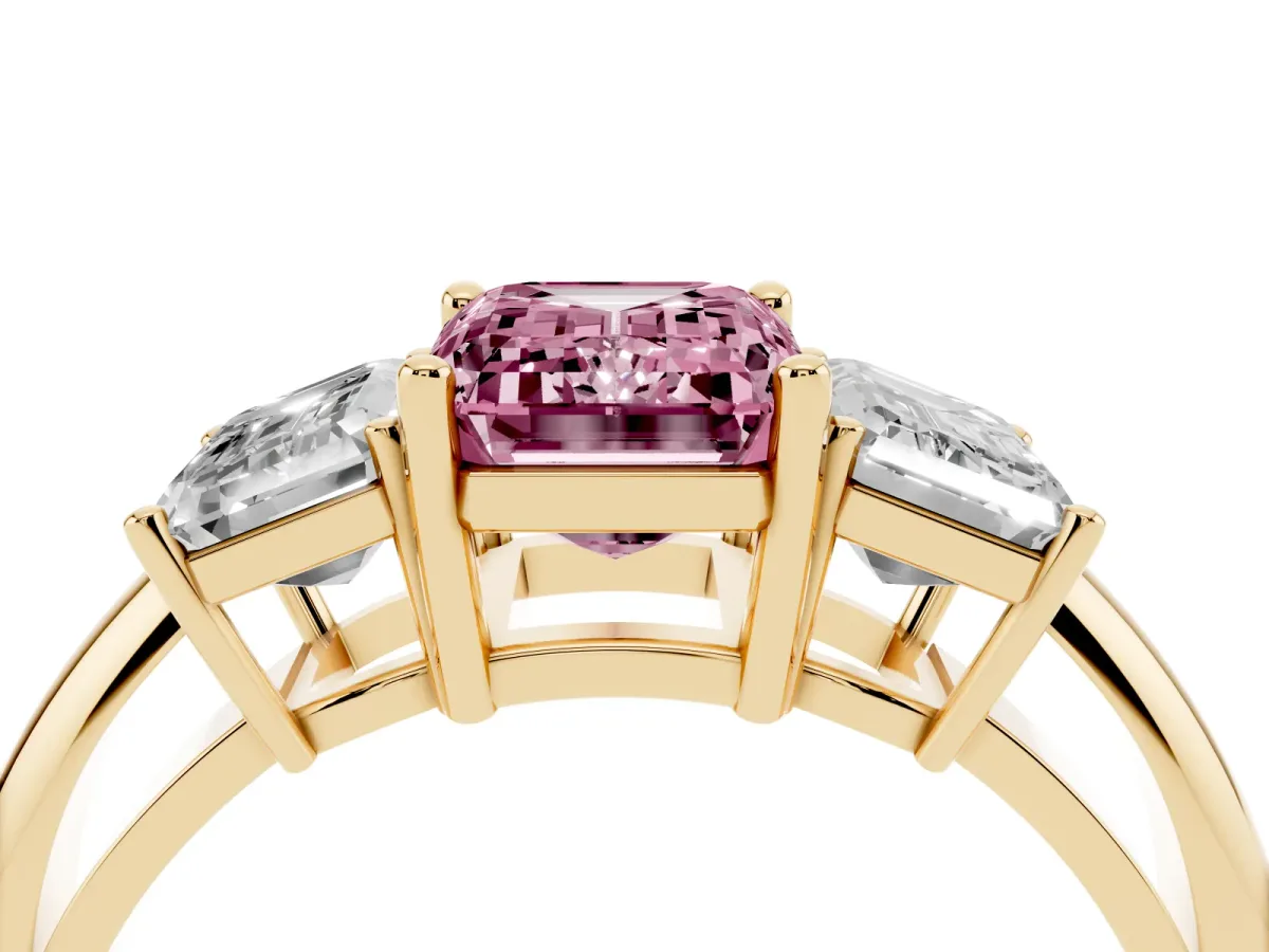 Fancy Pink Three-Stone Emerald Cut Cut Diamond Engagement Ring with Prong Setting on a White Gold Band Yellow gold