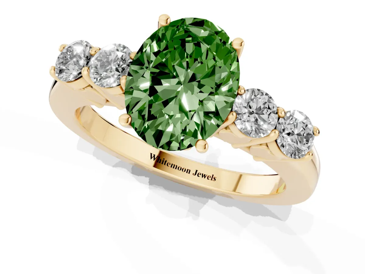 Fancy Green Oval Cut Cut Diamond Five-Stone Prong Set White Gold Ring Yellow gold