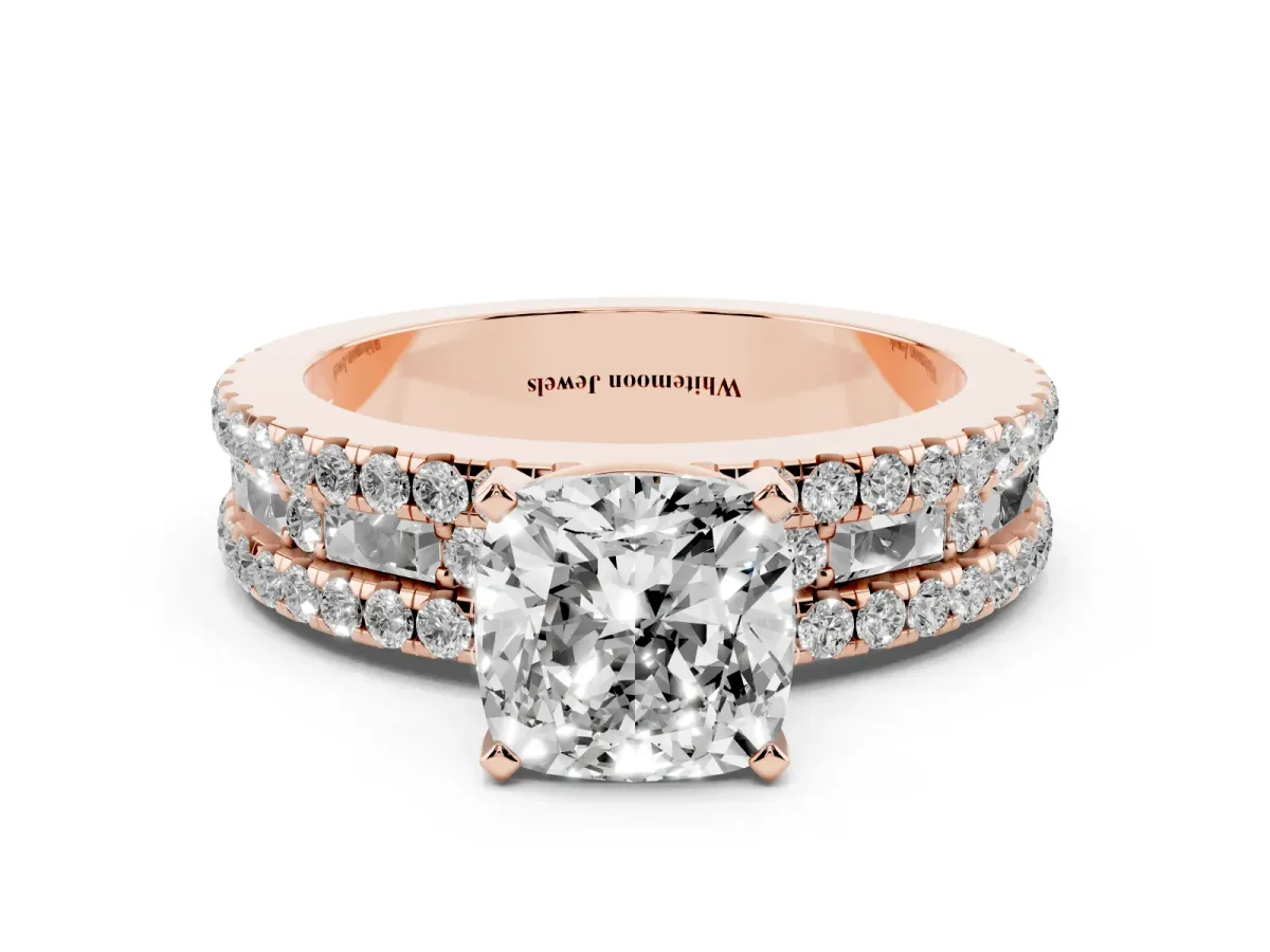 Cushion Cut Diamond Solitaire Ring with Pavé and Channel Set Band Rose gold