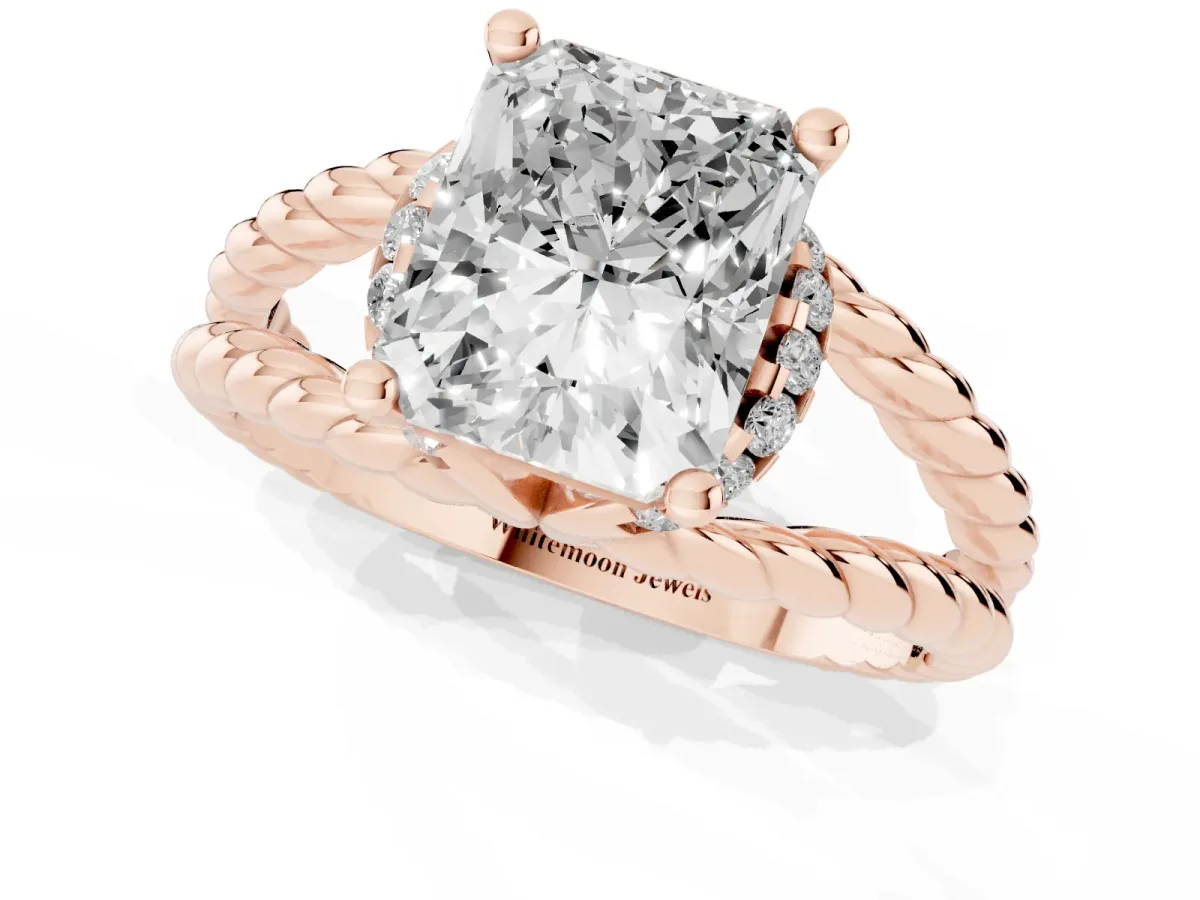 Radiant Cut Halo Twisted Band Four-Prong Ring Rose gold