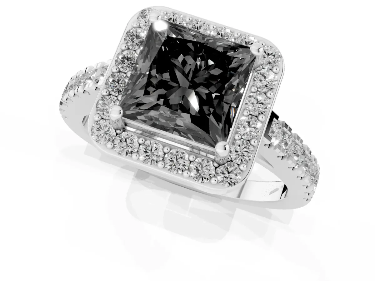 Fancy Black Princess Cut Diamond Halo Ring with Round Pavé Split Shank and Prong Setting Silver