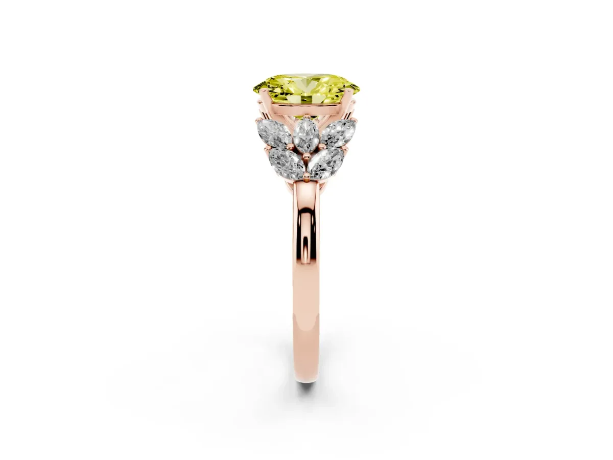 Fancy Yellow Oval Cut Diamond Cluster Leaf Design Ring with Prong Setting Rose gold
