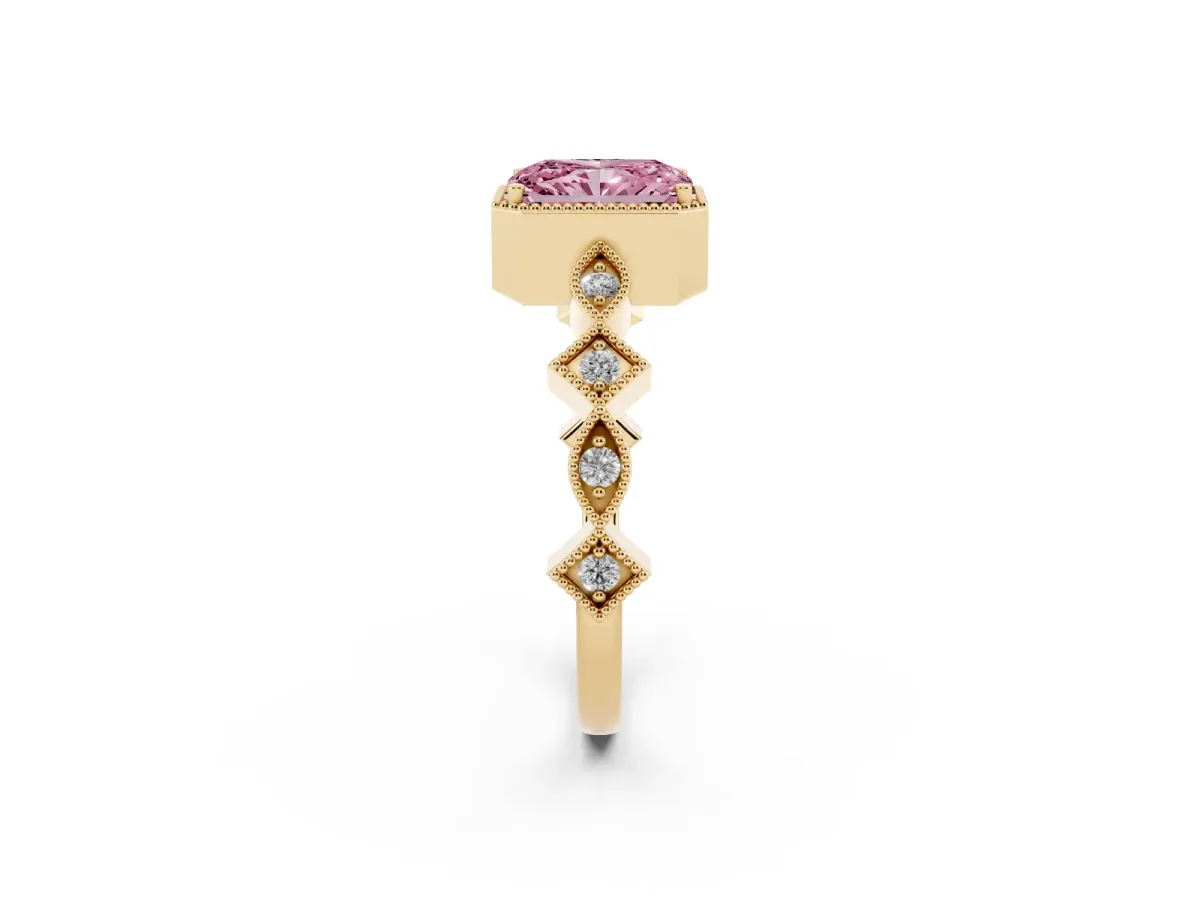Fancy Pink Radiant Cut Milgrain Marquise Diamond Twist Band Ring Yellow gold