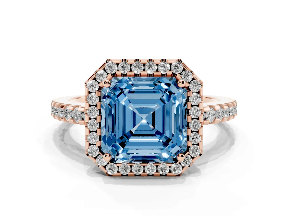 Fancy Blue Asscher Cut Diamond Halo Engagement Ring with Pavé Band and Prong Setting Rose gold