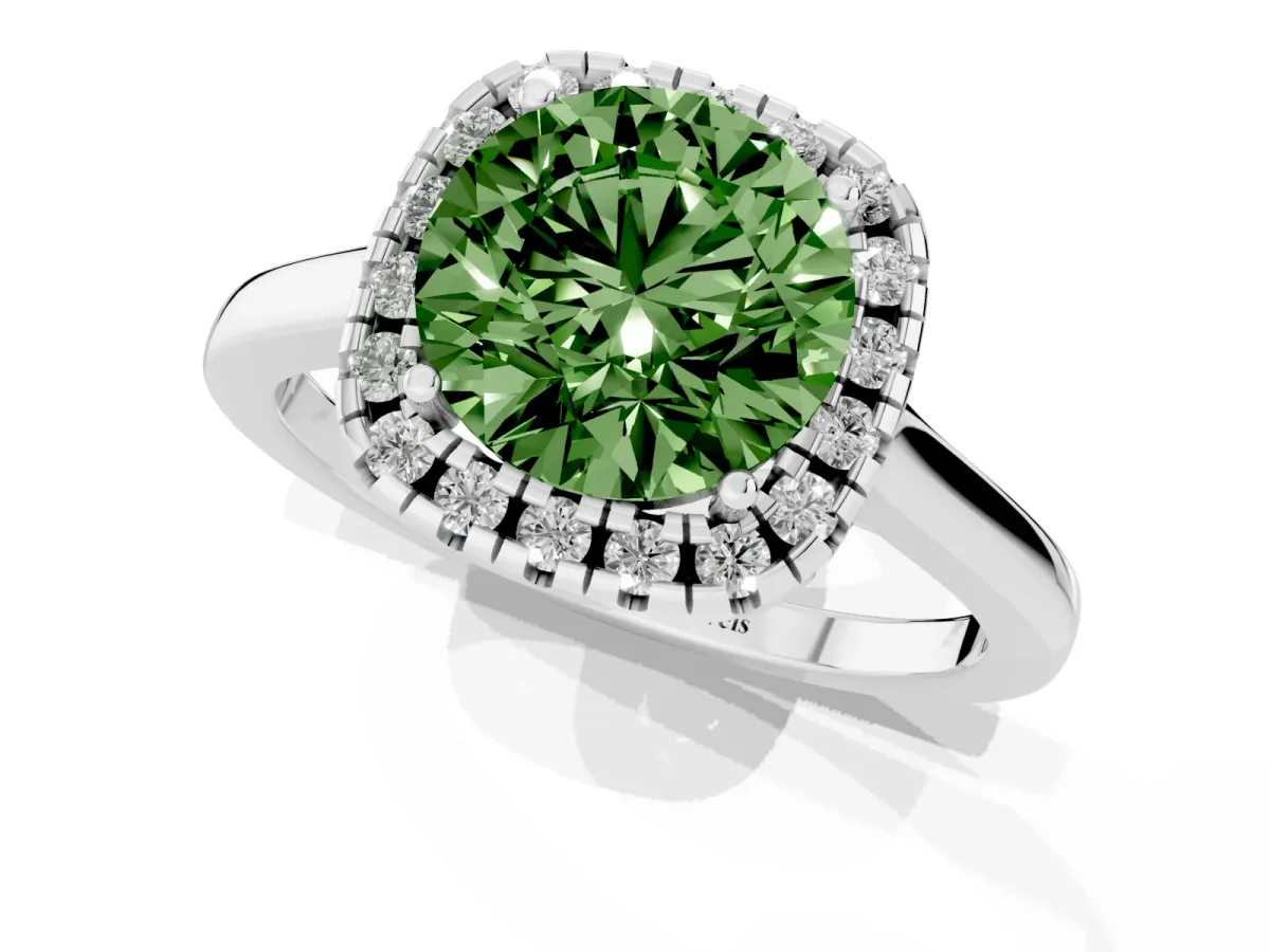 Fancy Green Round Cut Halo Round Diamond Solitaire Ring with Pavé Band and Four-Prong Setting Platinum