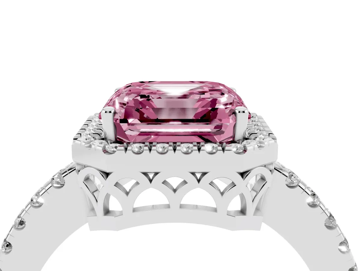 Fancy Pink Asscher Cut Halo Diamond Engagement Ring with Pavé Band and Four-Prong Setting Platinum