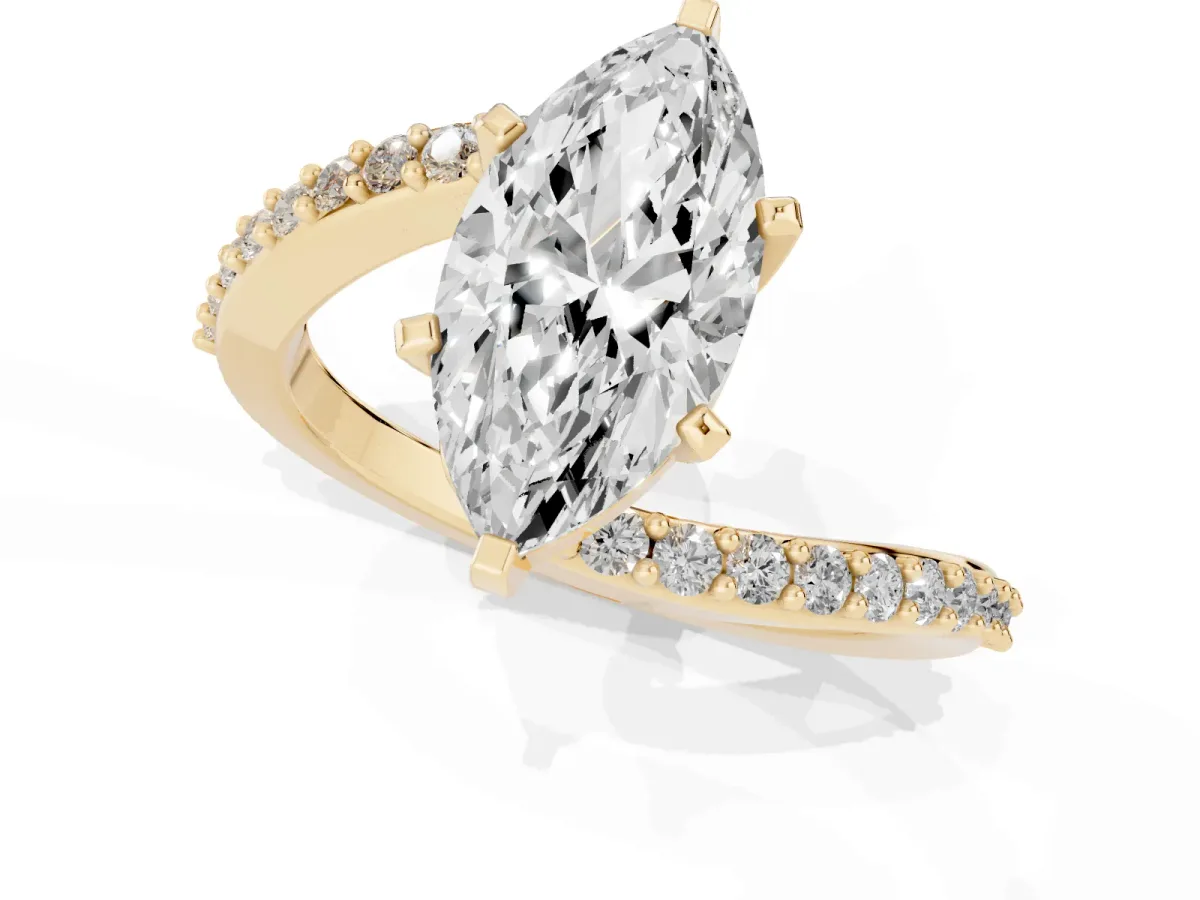 Marquise Cut Solitaire Twist Band with Pave Set Diamonds and Four-Prong Setting Yellow gold