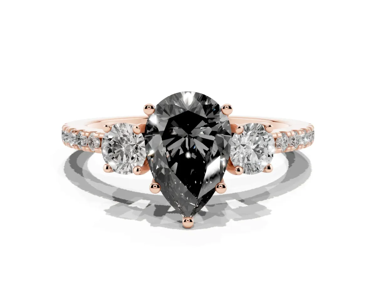 Fancy Black Three-Stone Pear Cut Cut Diamond Pavé Band with Prong Setting Rose gold