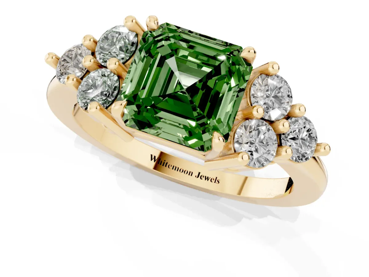 Fancy Green Asscher Cut Brilliant Diamond Cluster Accent Solitaire Ring with Prong Setting Yellow gold
