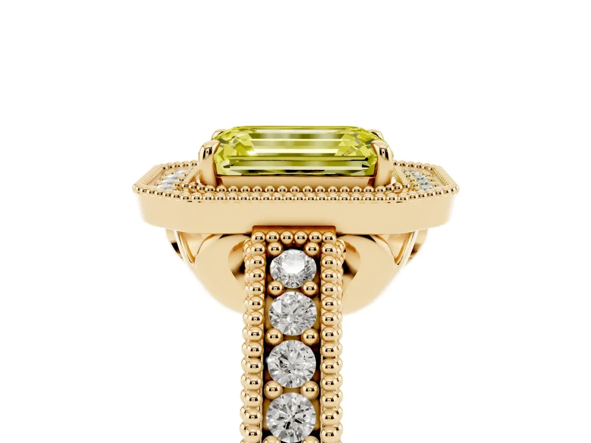 Fancy Yellow Emerald Cut Cut Halo Diamond Ring with Pavé Band and Four-Prong Setting Yellow gold