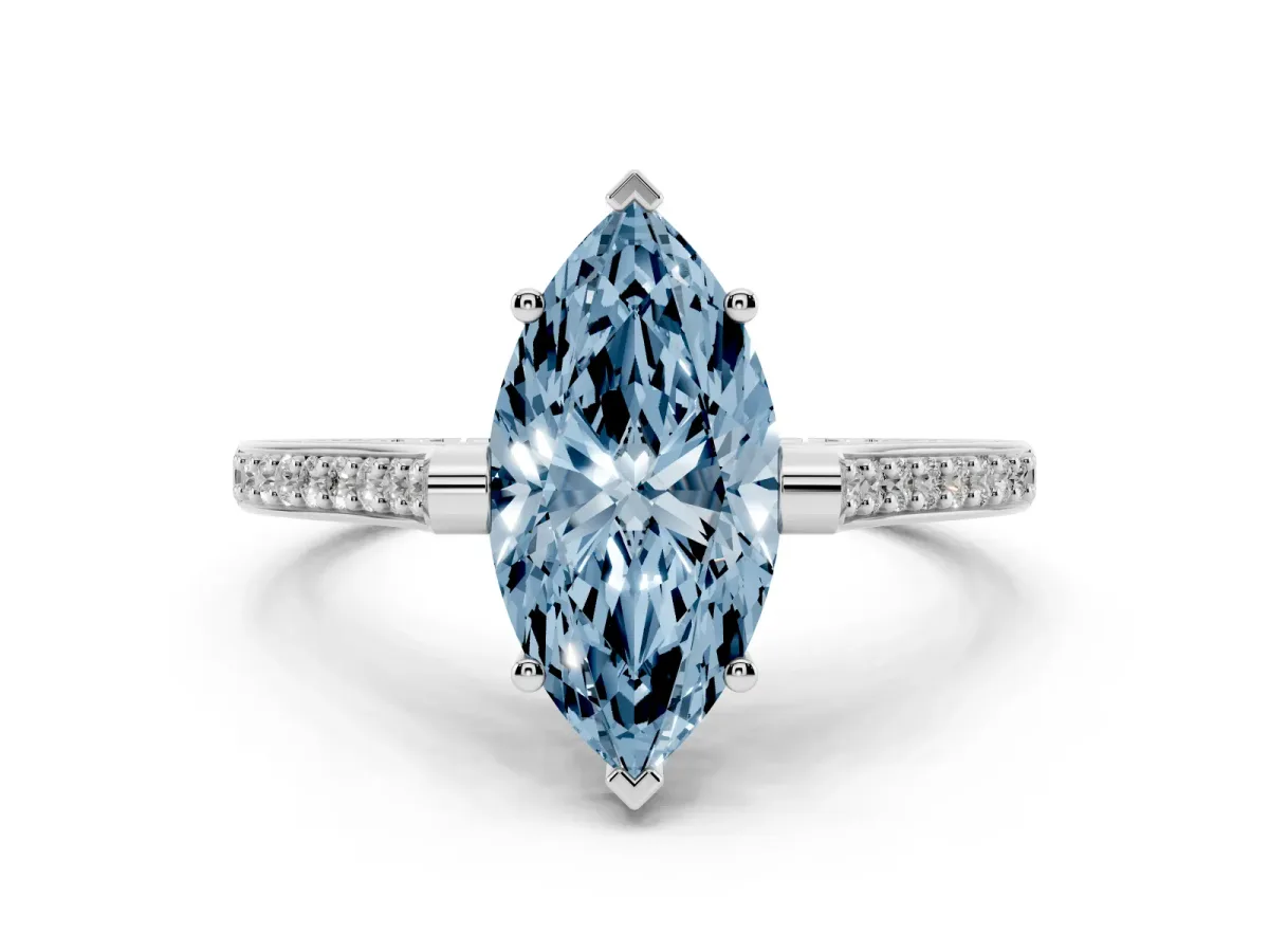 Fancy Blue Marquise Cut Solitaire Diamond Ring with Channel Set Band and Bezel Prong Setting Platinum