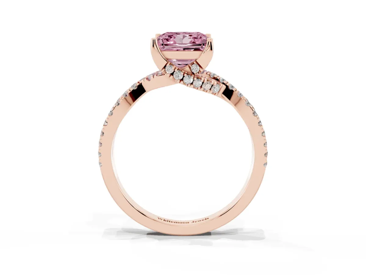 Fancy Pink Princess Cut Solitaire Twist Pave Diamond Engagement Ring with Prong Setting Rose gold