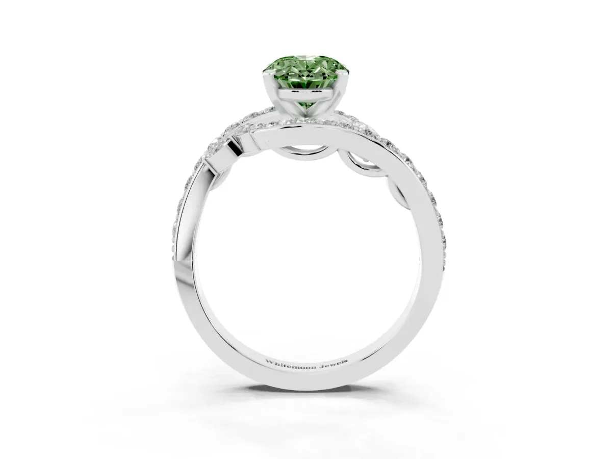 Fancy Green Oval Cut Solitaire with Pavé Twist Band and Four-Prong Setting Silver