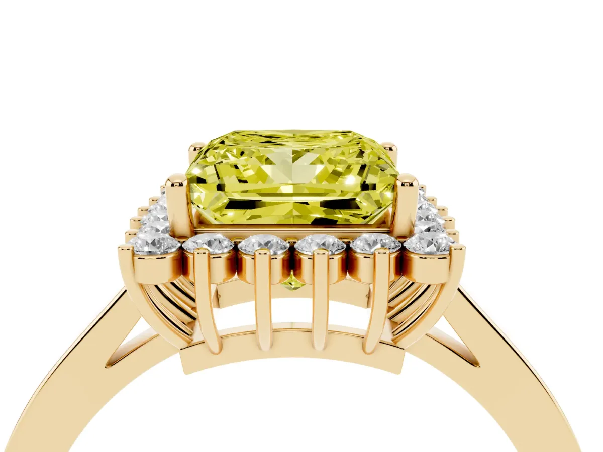 Fancy Yellow Princess Cut Cut Diamond Halo Ring with Round Brilliant Halo and Solitaire Band Yellow gold