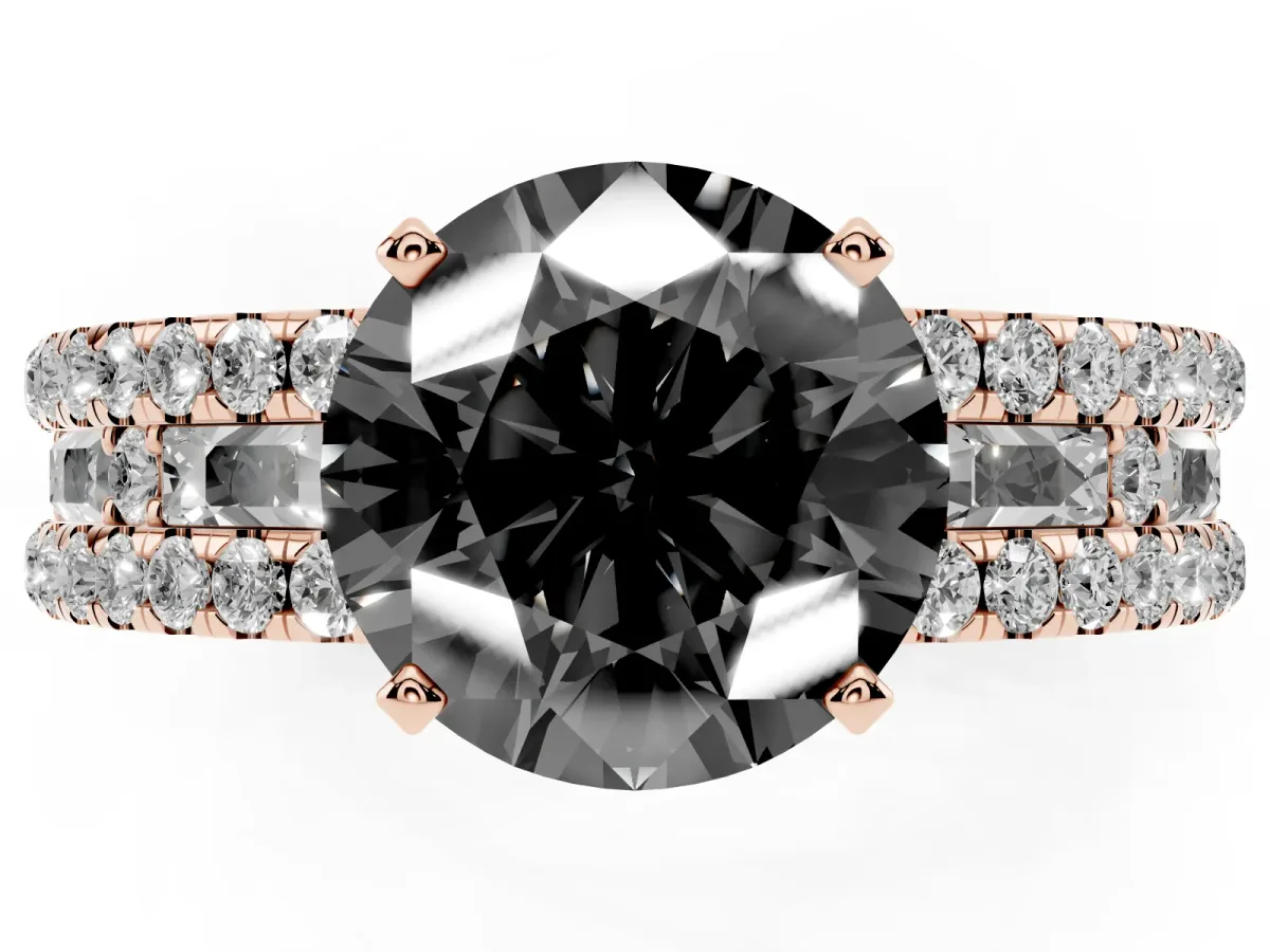 Fancy Black Round Cut Diamond Solitaire Ring with Pavé and Channel Set Band Rose gold